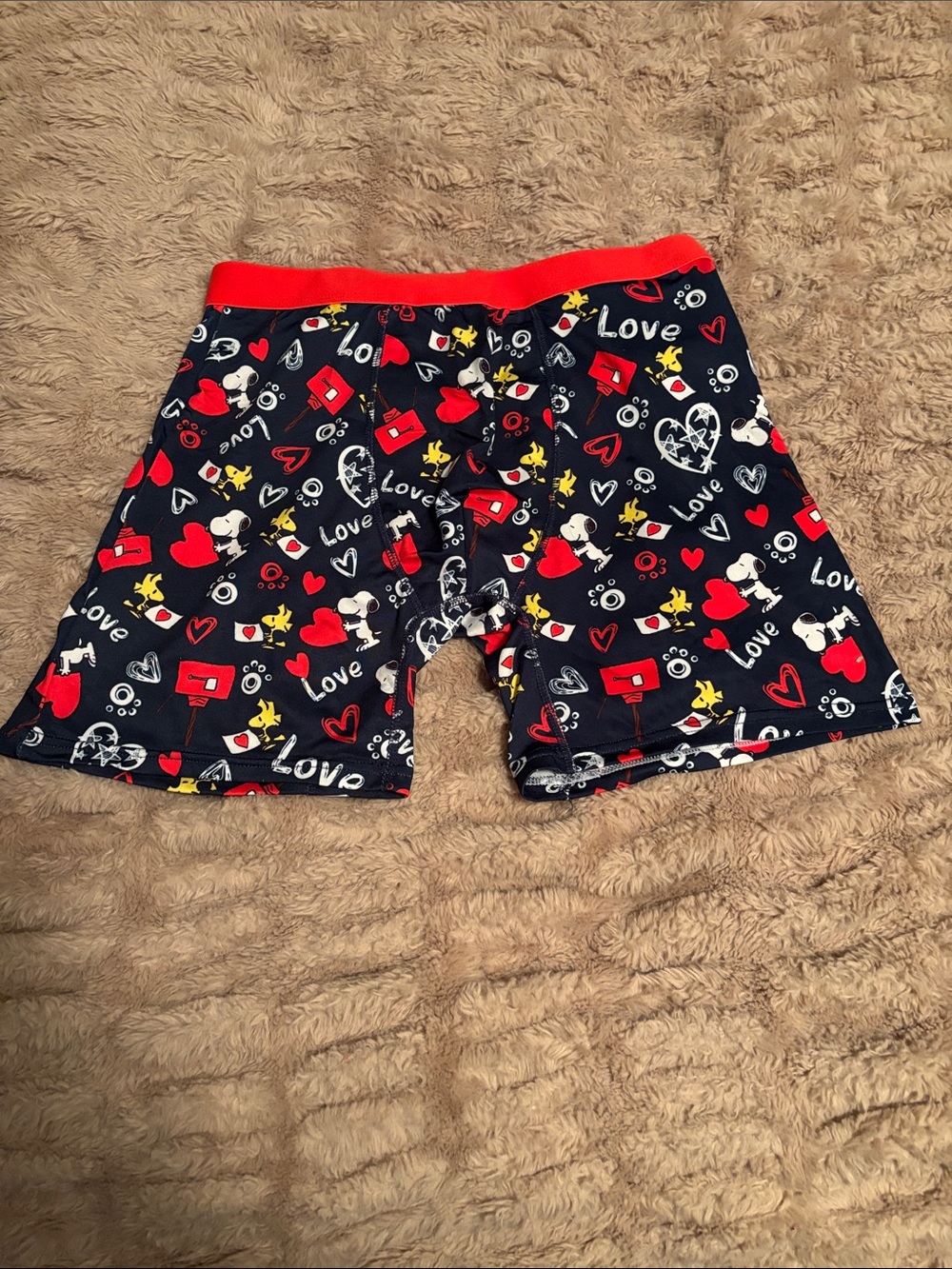 Men’s Navy Blue Snoopy Love Print Boxer Briefs - Red Waistband